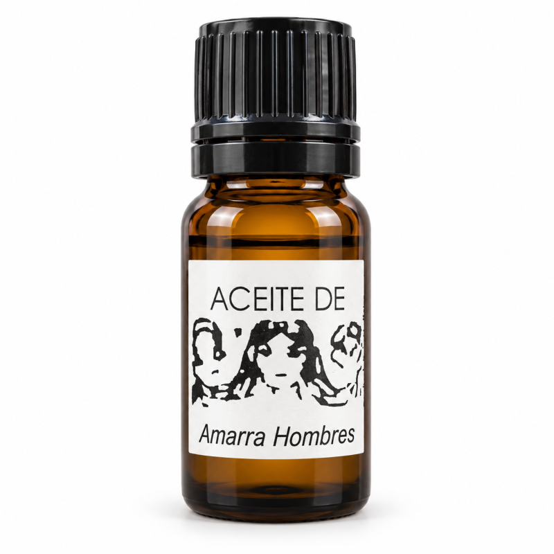 Botella de aceite Amarra Hombres con tapón negro sobre fondo blanco