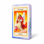 Caja del Tarot de los Ángeles con la ilustración del Arcángel Amiel sobre fondo blanco
