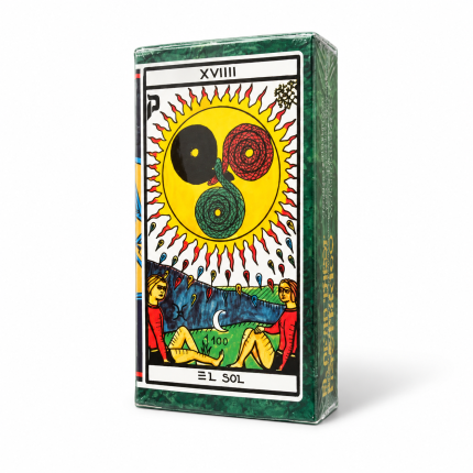 Caja verde del Tarot Esotérico con la ilustración de la carta El Sol.