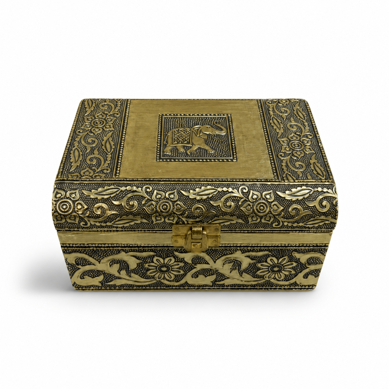 Caja Cofre con Elefante – Vista Cerrada Cofre dorado envejecido con elefante en la tapa, motivos florales y cierre frontal.