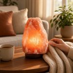 Lámpara de sal en forma de ángel encendida, con luz cálida y base de madera sobre fondo blanco.