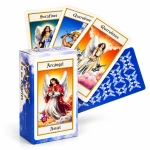 Tarot de los Ángeles con caja del Arcángel Amiel, cartas ilustradas y reverso azul sobre fondo blanco