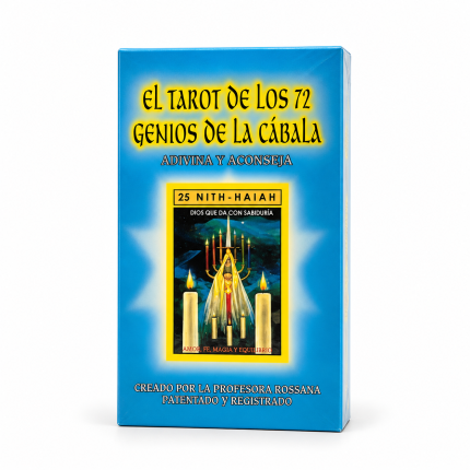 Caja azul del Tarot de los 72 Genios de la Cábala de la Profesora Rossana sobre fondo blanco