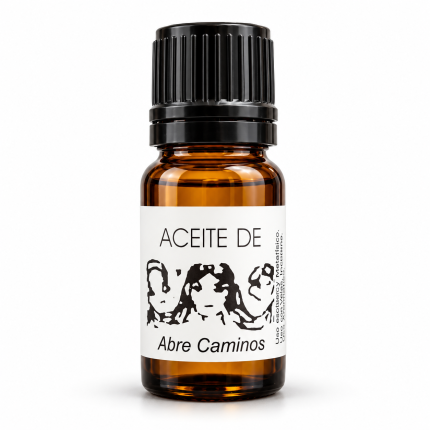 Aceite Abre Caminos en frasco ámbar con tapón negro y etiqueta blanca para rituales de suerte y prosperidad