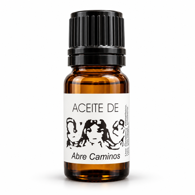 Aceite Abre Caminos en frasco ámbar con tapón negro y etiqueta blanca para rituales de suerte y prosperidad