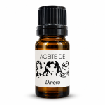 Aceite de Dinero en frasco ámbar con tapón negro y etiqueta blanca para rituales de abundancia y prosperidad