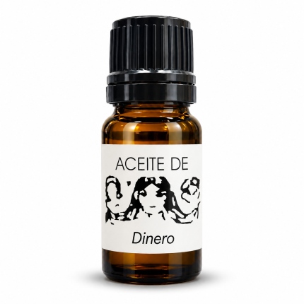 Aceite de Dinero en frasco ámbar con tapón negro y etiqueta blanca para rituales de abundancia y prosperidad