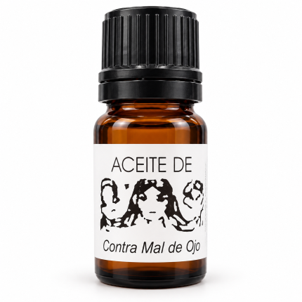 Aceite Contra Mal de Ojo en frasco ámbar con tapón negro y etiqueta blanca para rituales de protección energética