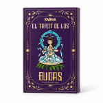 Caja morada de El Tarot de los Budas con detalles dorados y una figura budista sobre una flor de loto.