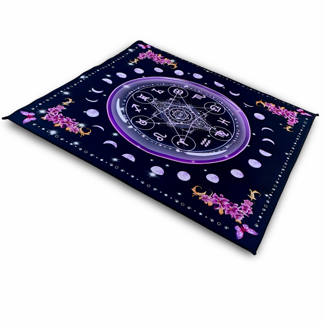 Mantel para cartas de Tarot. Mantel esotérico 74x74 decorado con signos zodiacales, faces lunares y detalles, ideal para lecturas de tarot.
