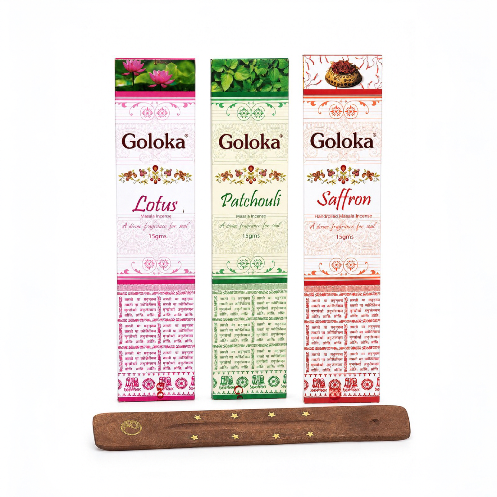 Pack de inciensos Goloka Lotus, Patchouli y Saffron con porta incienso de madera de regalo. Pack de inciensos Goloka Lotus, Patchouli y Saffron con porta incienso de madera de regalo. Tres aromas especialmente seleccionados para quienes disfrutan de la aromatización de espacios, la meditación, el bienestar y la creación de ambientes agradables y acogedores. Incluye una caja de cada variedad y un elegante porta incienso de madera totalmente gratis.