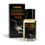 Feromonas de mujer Ella Karama para seducción, atracción y magnetismo, frasco con caja negra y dorada