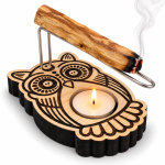 Portaincienso para Palo Santo de madera con diseño de búho y vela
