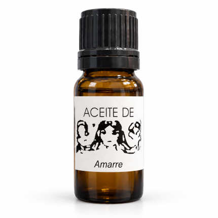 Botella de Aceite de Amarre con tapón negro y etiqueta blanca sobre fondo blanco