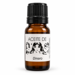 Botella de Aceite de Dinero con tapón negro y etiqueta blanca sobre fondo blanco