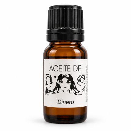 Botella de Aceite de Dinero con tapón negro y etiqueta blanca sobre fondo blanco
