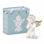 Figura de ángel de la guarda blanco en oración con detalles dorados en el cabello y las alas