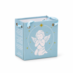 Ángel de la guarda blanco y dorado junto a una bolsa azul decorada con un angelito y estrellas