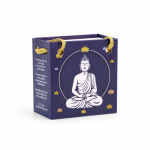 Bolsa morada con ilustración blanca de Buda, flores de loto y asas doradas