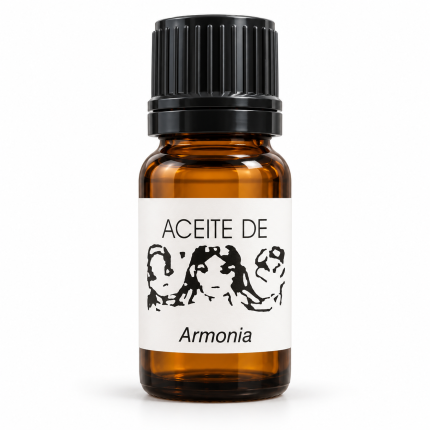 Botella de Aceite Armonía con tapón negro y etiqueta blanca sobre fondo blanco