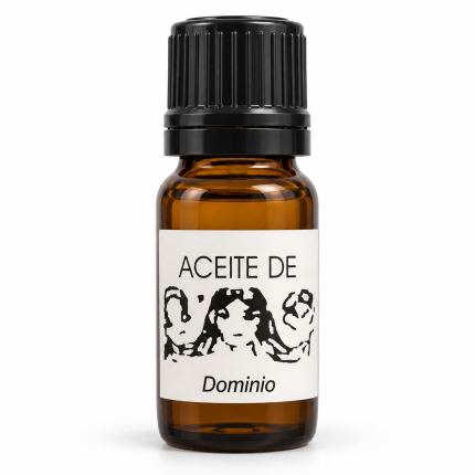 Botella de aceite de Dominio con tapón negro sobre fondo blanco