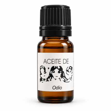 Botella de Aceite de Odio con tapón negro sobre fondo blanco