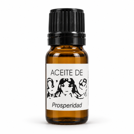 Botella de Aceite de Prosperidad con tapón negro y etiqueta blanca sobre fondo blanco
