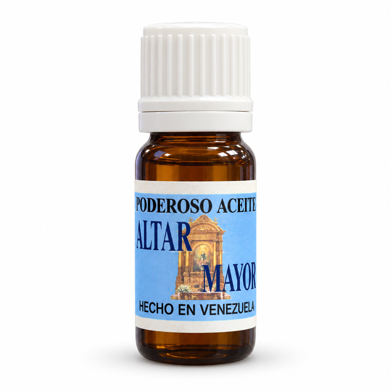 Aceite Altar Mayor para Potenciar Rituales y Preparar Velas Frasco de Aceite Altar Mayor con tapón blanco y etiqueta azul