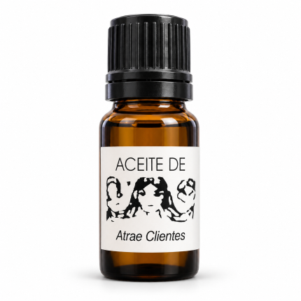 Botella de Aceite Atrae Clientes con tapón negro y etiqueta blanca