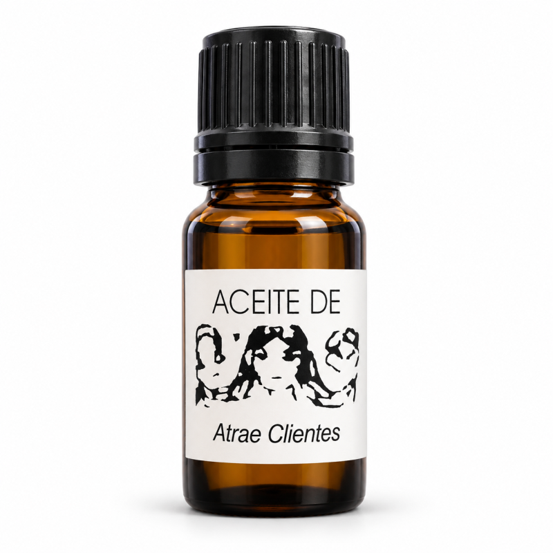 Botella de Aceite Atrae Clientes con tapón negro y etiqueta blanca