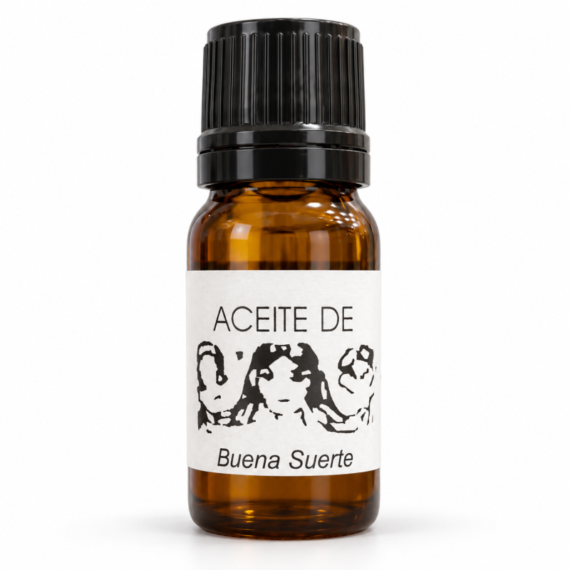 Botella de Aceite Buena Suerte con tapón negro y etiqueta blanca sobre fondo blanco