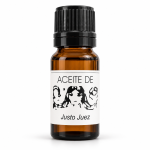 Botella de Aceite Justo Juez con tapón negro y etiqueta blanca sobre fondo blanco