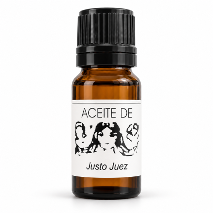 Botella de Aceite Justo Juez con tapón negro y etiqueta blanca sobre fondo blanco