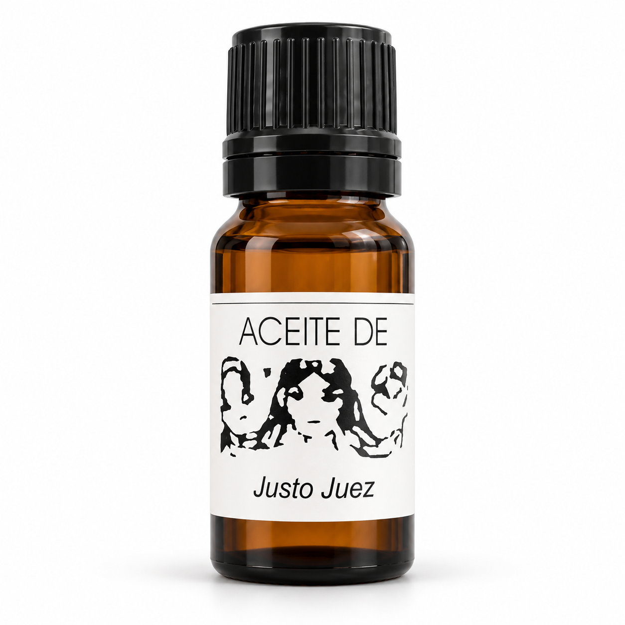 Botella de Aceite Justo Juez con tapón negro y etiqueta blanca sobre fondo blanco Botella de Aceite Justo Juez con tapón negro y etiqueta blanca sobre fondo blanco