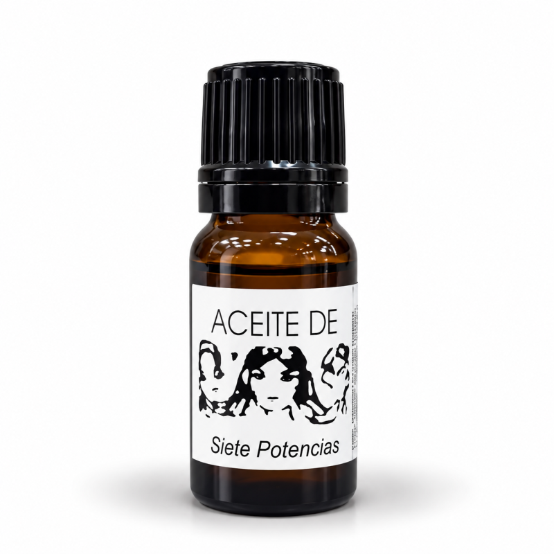 Aceite de Siete Potencias para protección espiritual, buena suerte y prosperidad en frasco ámbar