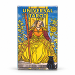 Caja del Tarot Universal con la Reina de Bastos y un gato negro sobre fondo blanco