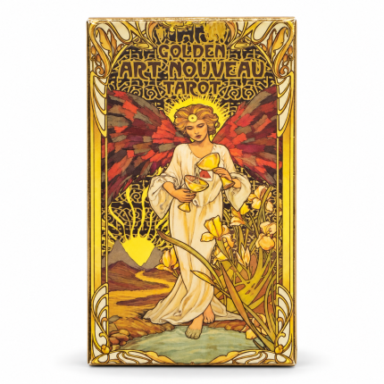 Caja del Tarot Golden Art Nouveau con una mujer y un león, decoración dorada y fondo blanco