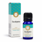 Aceite esencial de eucalipto de 10 ml con frasco azul y caja blanca y turquesa.