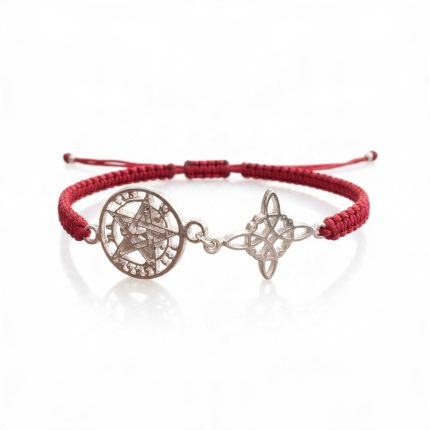 Pulsera roja de protección con Tetragrámaton plateado y Nudo de Bruja contra el mal de ojo y las envidias