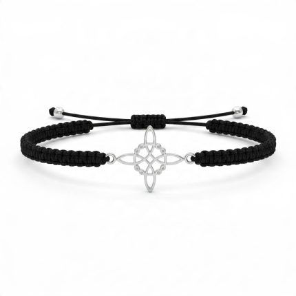 Pulsera negra de protección con Nudo de Bruja plateado, cordón de macramé y cierre ajustable