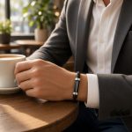 Pulsera de protección para hombre negra trenzada con pieza central negra y detalles metálicos plateados