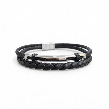 Pulsera negra de hombre con doble cordón trenzado y liso, barra central plateada y cierre metálico