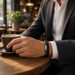 Pulsera negra de hombre con doble cordón trenzado y liso, barra central plateada y cierre metálico