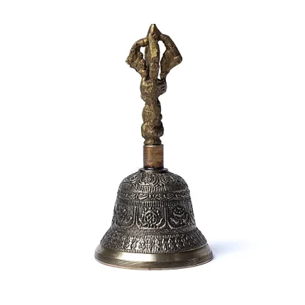 Campana tibetana decorada con mango ornamental para limpieza energética y meditación