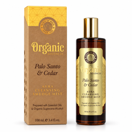 Frasco de spray de palo santo y cedro de 100 ml con etiqueta y tapón dorados