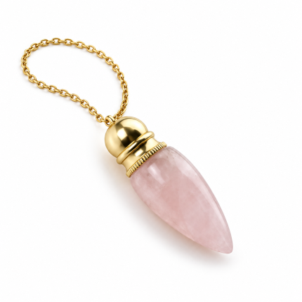 Péndulo de cuarzo rosa con recipiente y acabado dorado