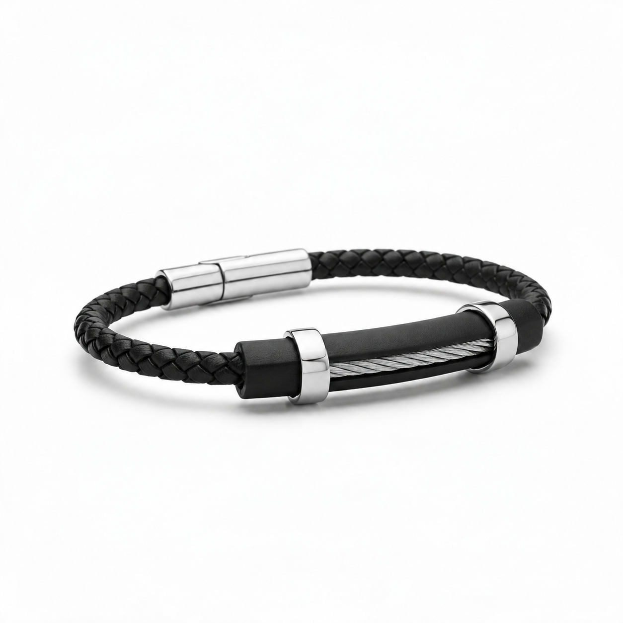 Pulsera Masculina Negra – Fuerza, Seguridad y Protección Pulsera masculina negra trenzada con pieza central decorativa negra, anillas plateadas y cierre metálico