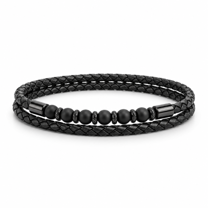 Pulsera de hombre de sándalo negro con cuentas de madera, cordón negro trenzado y separadores oscuros