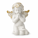 Bolsa azul con ilustración blanca de un ángel en oración, estrellas doradas y asas de cinta